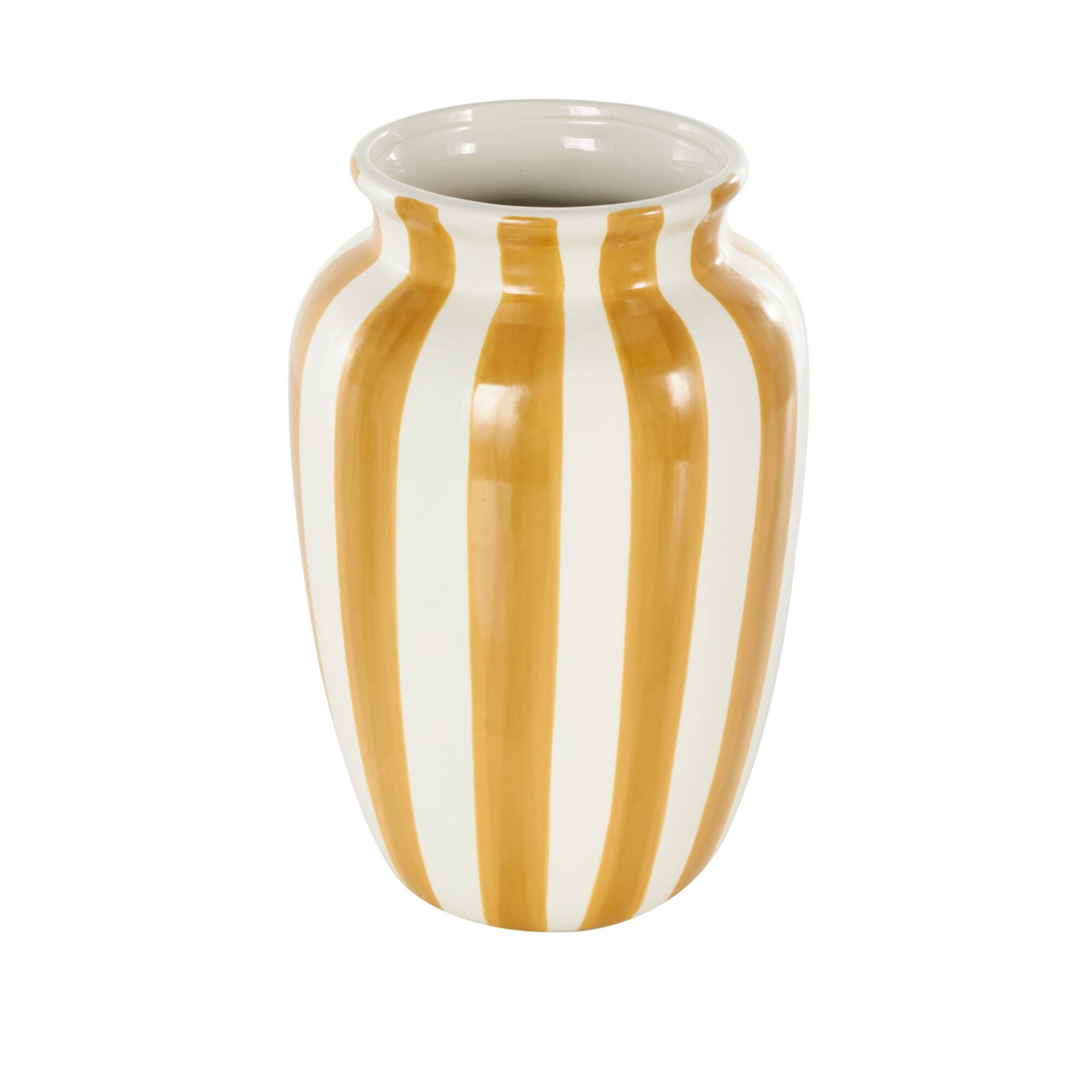 9.5" White & Yellow Stripes Round Wide Ceramic Vase